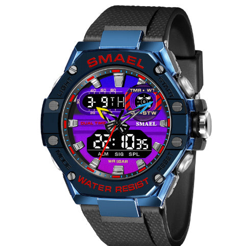 Digital watch with blue and black design on a white background