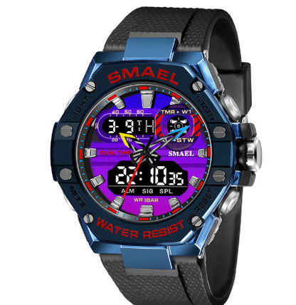 Digital watch with blue and black design on a white background
