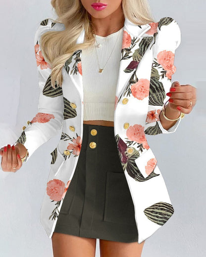 Woman wearing a floral coat with a casual skirt, showcasing Fashion Solid Color Casual Suits Women's collection.