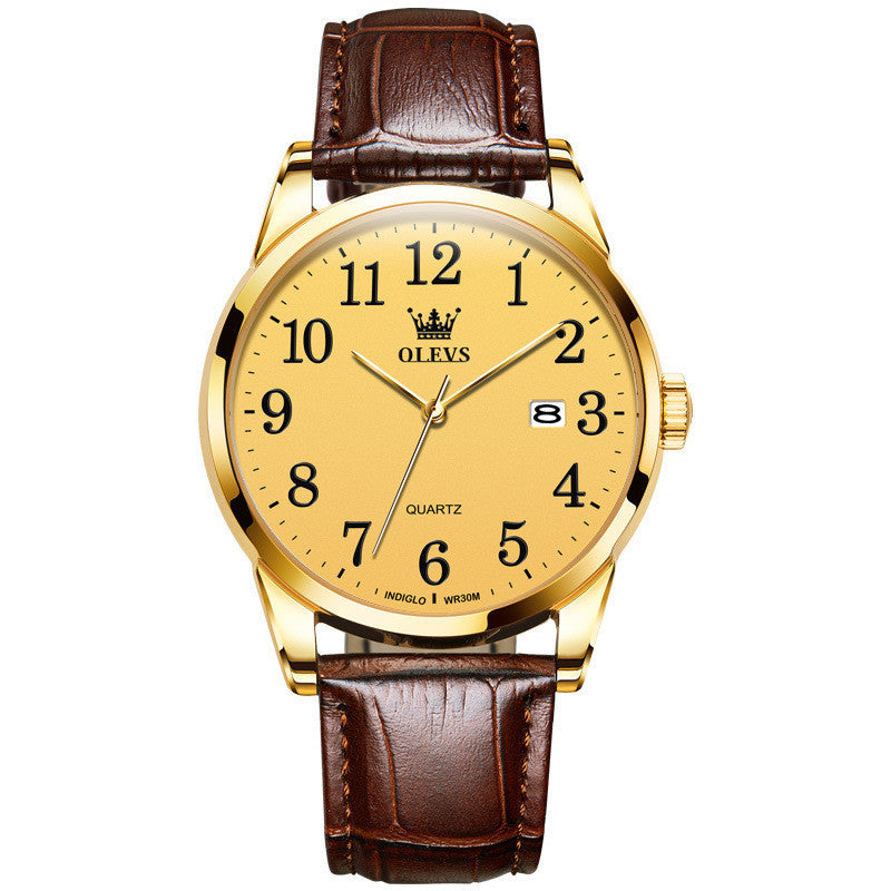 Gold watch with brown leather strap on a white background