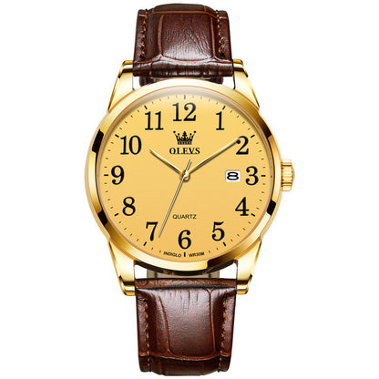 Gold watch with brown leather strap on a white background