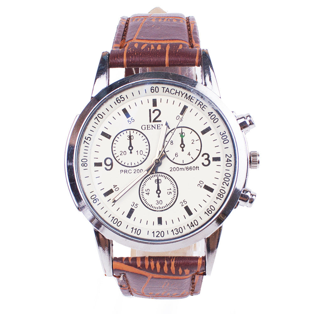 Wristwatch with brown leather strap and white dial on a white background
