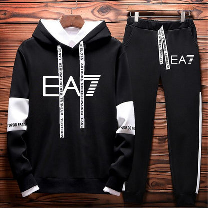 Hoodie and parts set with EA7 branding on the background