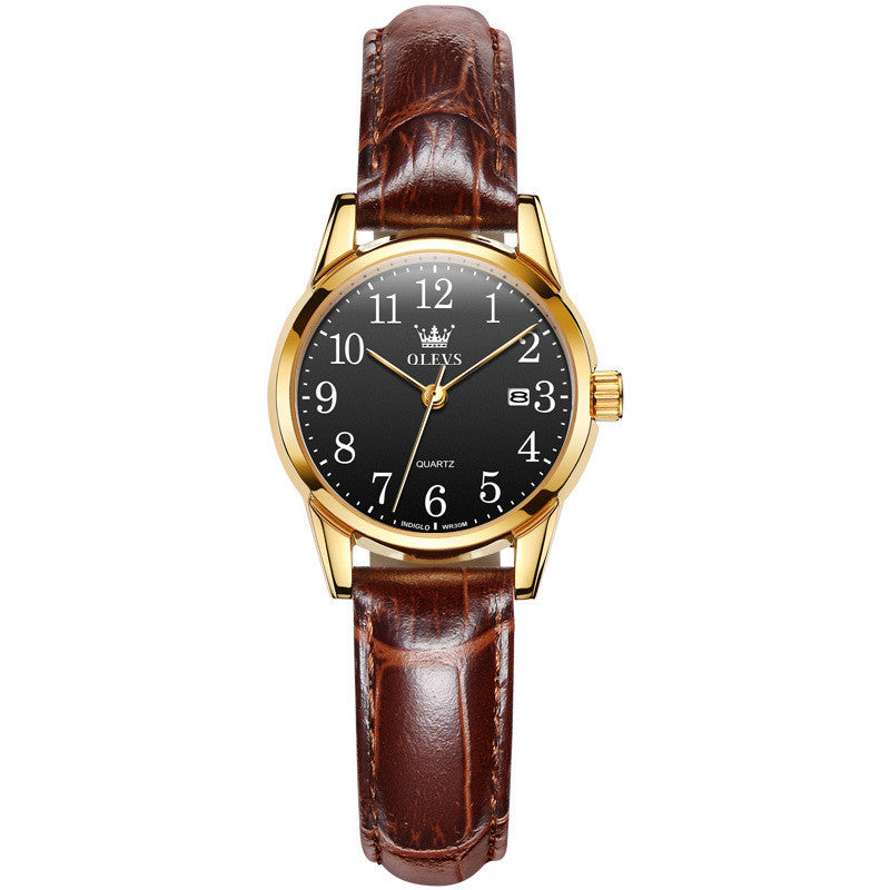 Wristwatch with brown leather strap and gold case on white background
