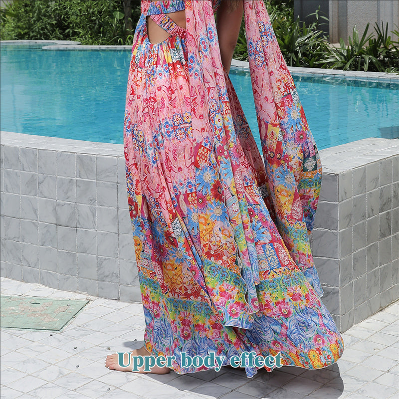 Colorful floral dress by a poolside