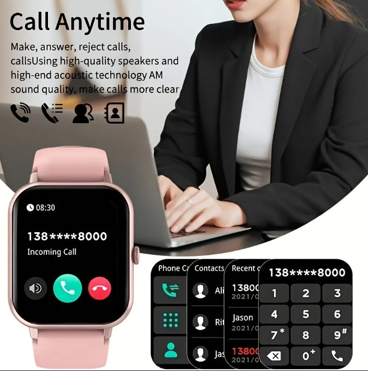 Smartwatch with call interface displayed, person using laptop, and text about call features.