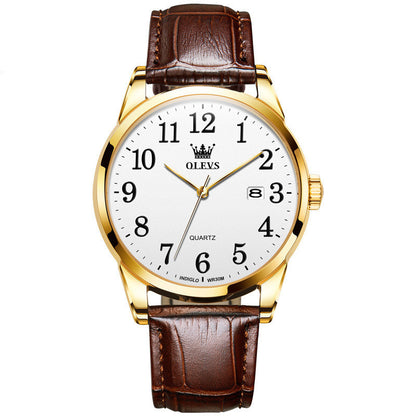 Wristwatch with brown leather strap and gold case on a white background