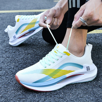 Person tying colorful running shoes on a road
