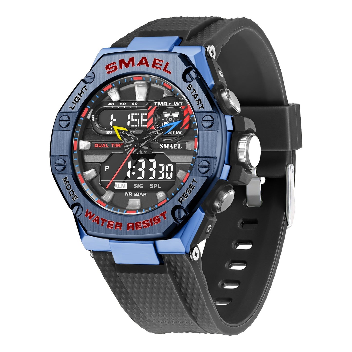 SMAEL watch with black strap and blue casing on a white background