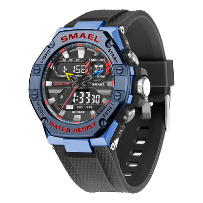 SMAEL watch with black strap and blue casing on a white background