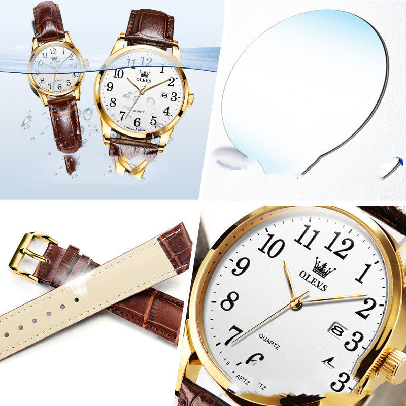 Collage of a gold watch with brown leather strap and additional straps on a light blue background.