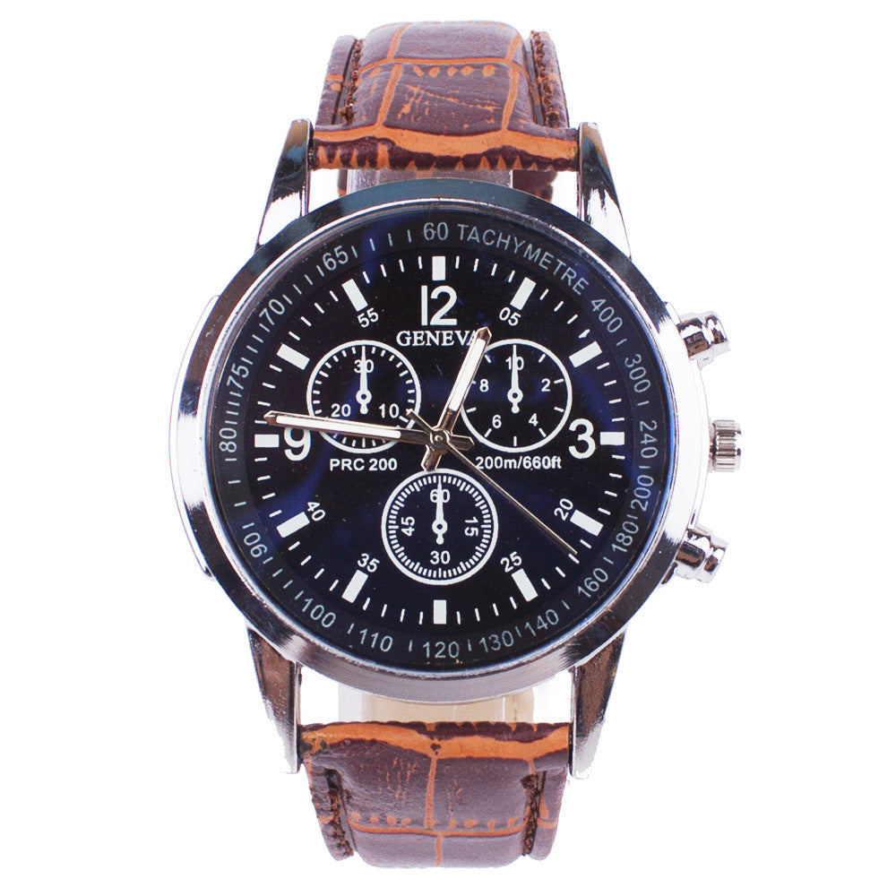 Wristwatch with brown leather strap and black dial on a white background