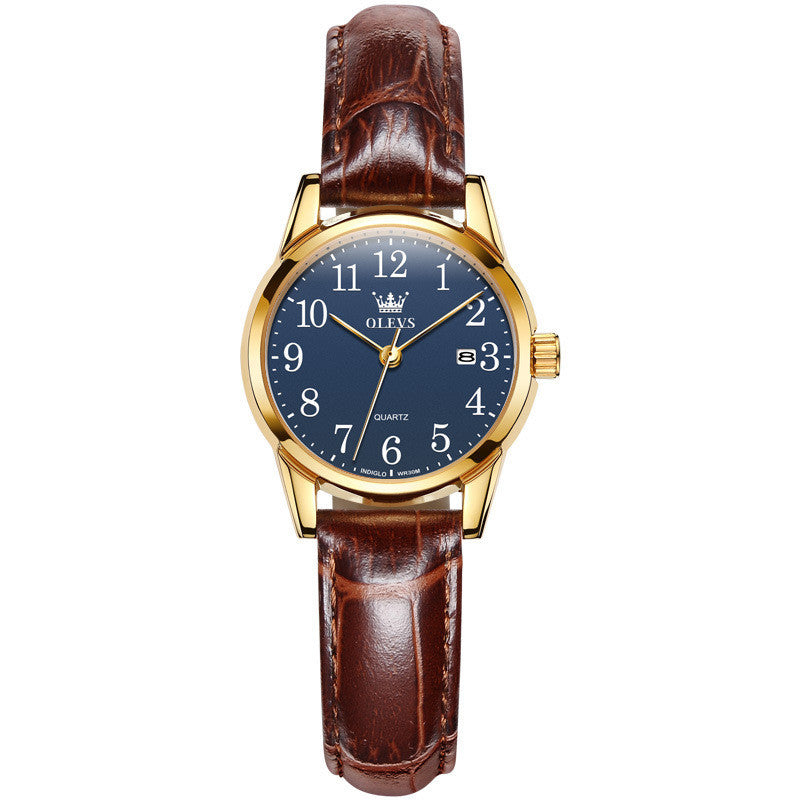 Watch with brown leather strap and blue dial on a white background