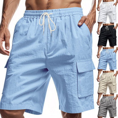 Light blue cargo shorts with multiple color options displayed.