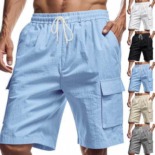 Light blue cargo shorts with multiple color options displayed.